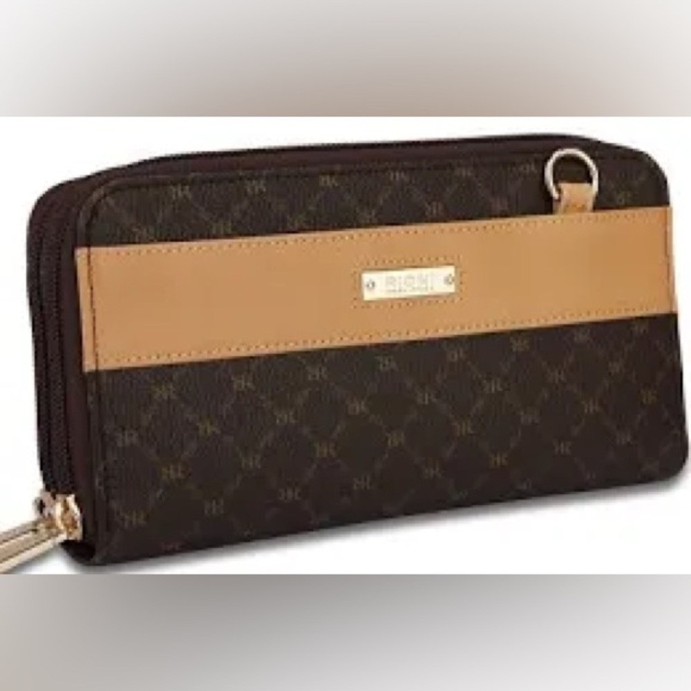 Rioni signature brown canvas Dual Zip wallet Organizer by Rioni Designer